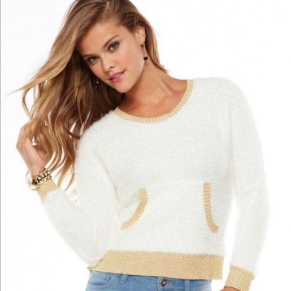 Juicy Couture White Gold Metallic Sparkle Fuzzy Knit Pullover Sweater - Picture 1 of 14